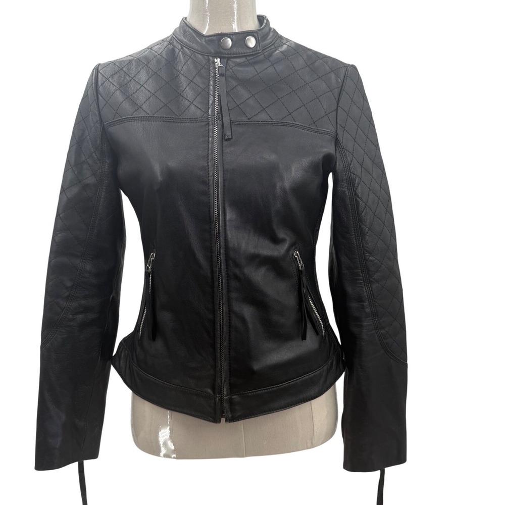 Moda International Moto Jacket Womens Small Black Good Quilted Genuine Leather